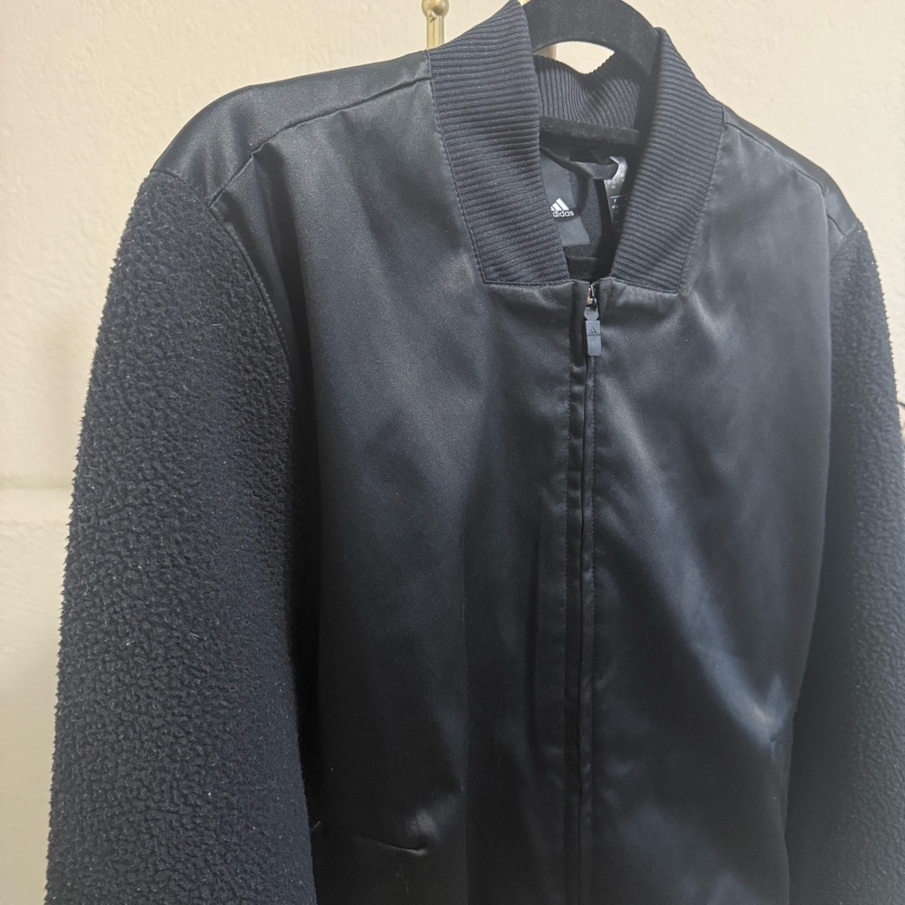ADIDAS Satin Sherpa Black Bomber Jacket Size Medium - Picture 5 of 16